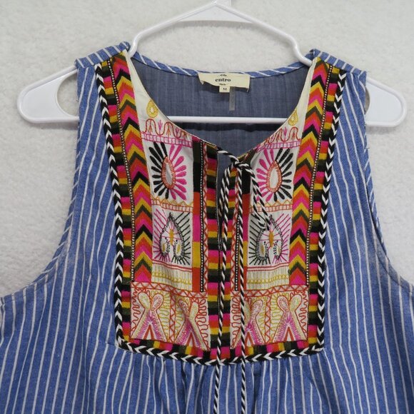Entro Dress Womens Medium Blue White Striped Sleeveless Embroidered Boho Cotton - Picture 3 of 9